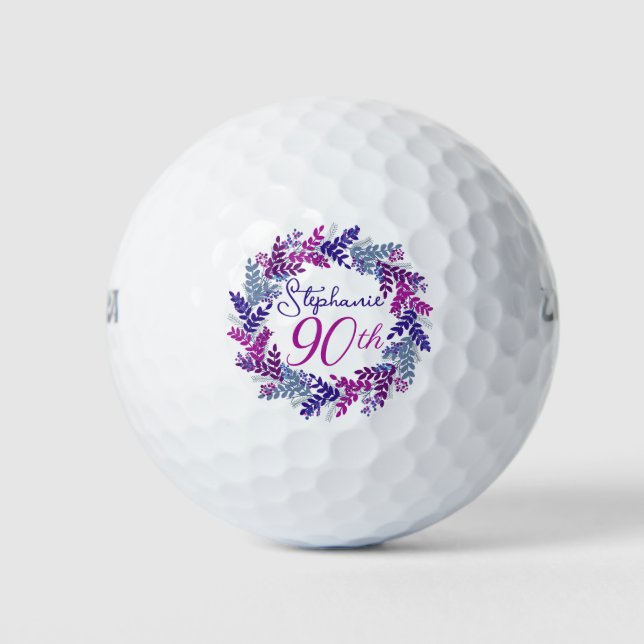 Elegant Purple Pink Wreath 90th Birthday Golf Balls (Front)