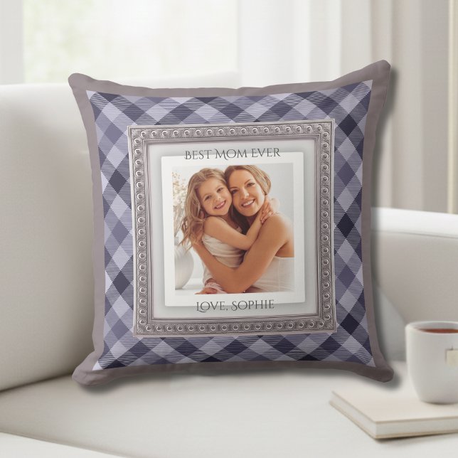 Elegant Purple Plaid Mother Photo Keepsake Cushion (For the mom who loves classic home decor style and precious memories)