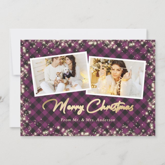 Elegant Purple Plaid Newlyweds Photo Christmas Holiday Card (Front)