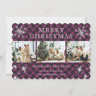 Elegant Purple Plaid Snowflake 3 Photo Collage Holiday Card