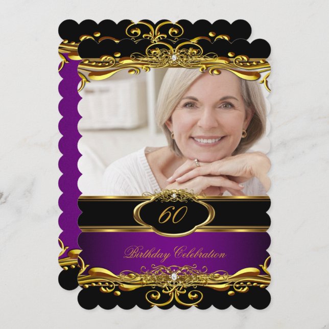 Elegant Purple Plum Black Gold 60th Birthday Party Invitation (Front/Back)