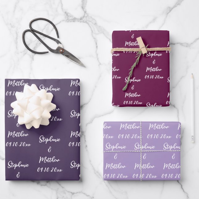 Elegant Purple Plum Bride Groom Names Weddings Wrapping Paper Sheet (Front)
