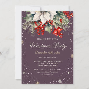 Elegant Purple Poinsettia Berries Christmas Party Invitation