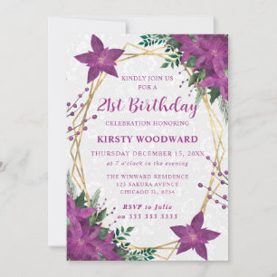 Elegant Purple Poinsettia Winter 21st Birthday Invitation