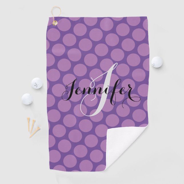 Elegant Purple Polka Dot Script Personalised Golf Towel (InSitu)