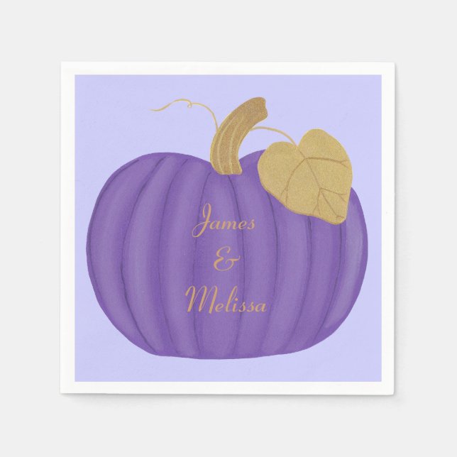 Elegant Purple Pumpkin Gold Leaf Wedding Napkin (Front)