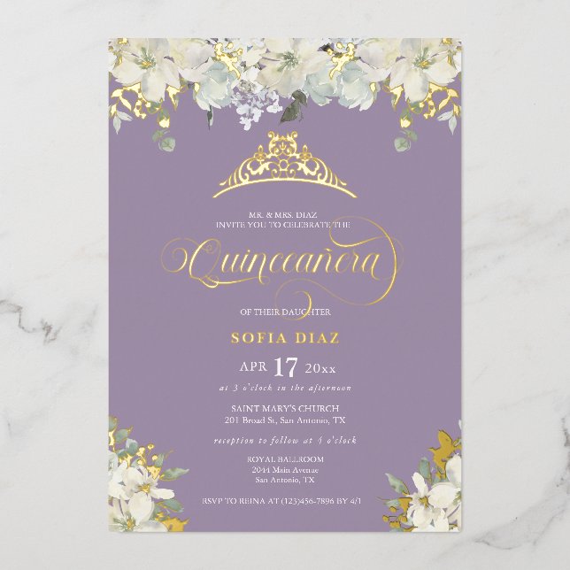 Elegant Purple Quinceañera Floral Gold  (Front)