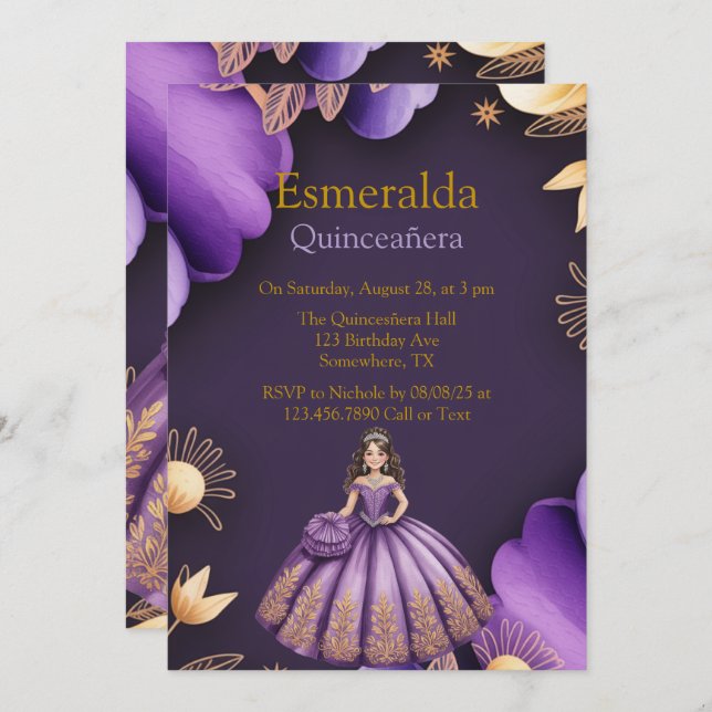 Elegant Purple Quinceañera Girl Art Invitation (Front/Back)