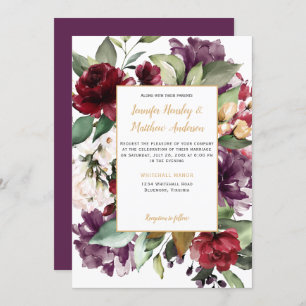 Elegant Purple Red Gold Floral Explosion Wedding Invitation