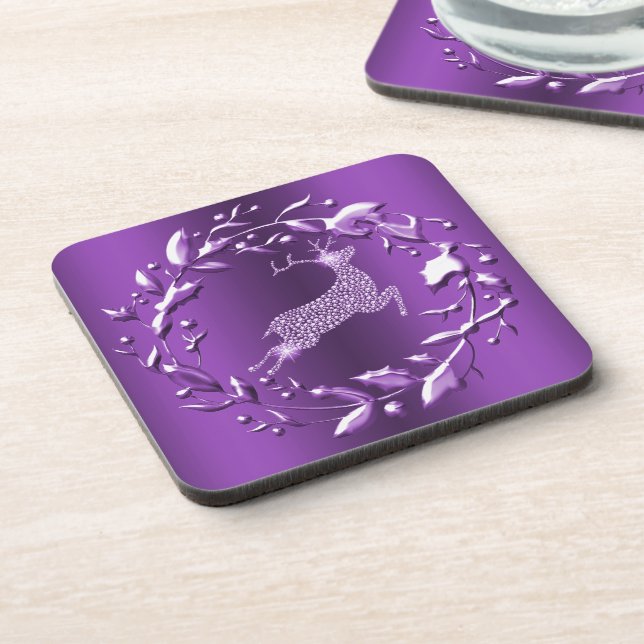Elegant Purple Reindeer and Wreath Christmas Coaster (Left Side)