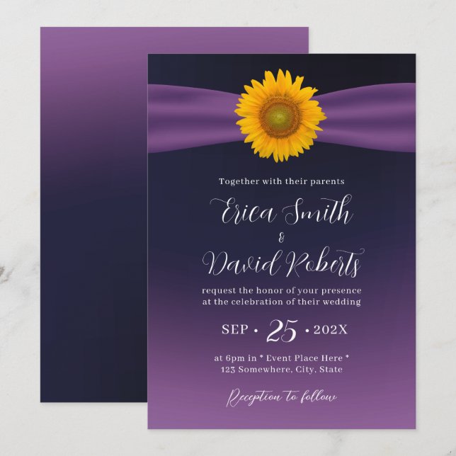 Elegant Purple Ribbon Sunflower Wedding  Invitation (Front/Back)