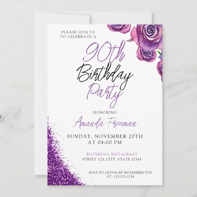 Elegant Purple Rose 90th Birthday Invitation (Front)