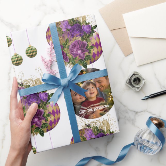 Elegant Purple Rose and Bauble Christmas Photo Wrapping Paper (Gifting)