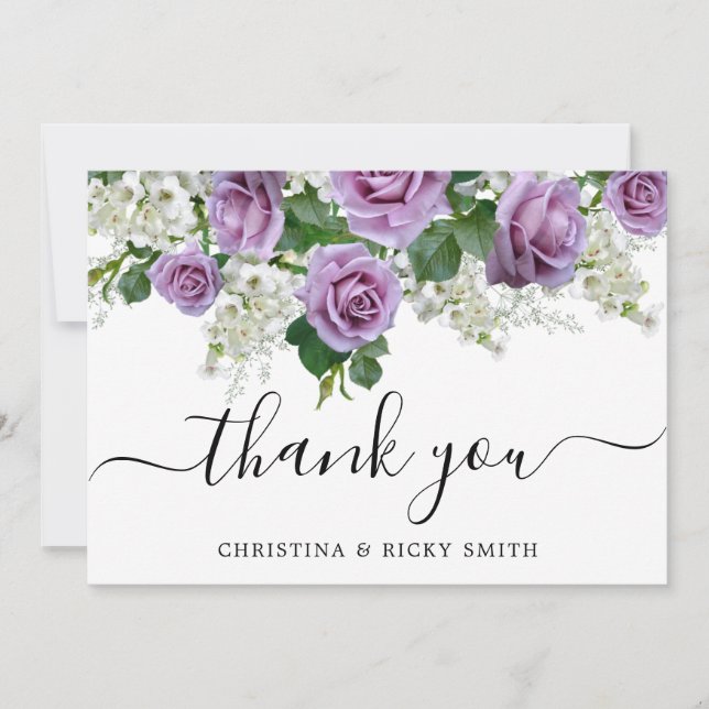 Elegant Purple Rose Bouquet Flowers Wedding Thank You Card (Front)