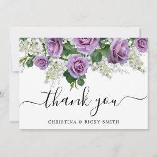 Elegant Purple Rose Bouquet Flowers Wedding Thank You Card