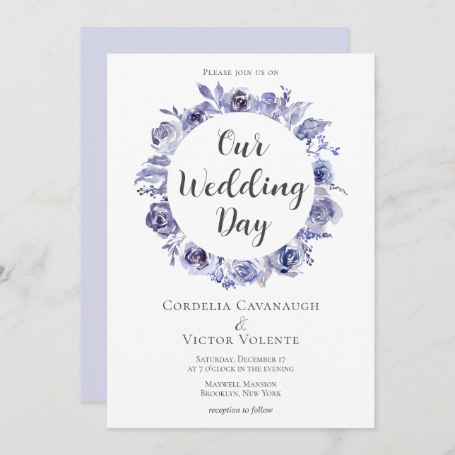 Elegant Purple Rose Floral Circle Winter Wedding Invitation (Front/Back)