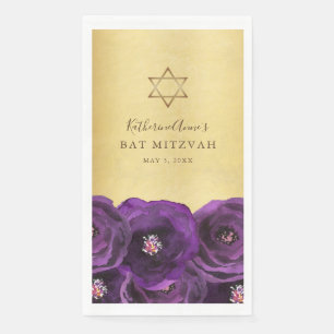 Elegant Purple Rose Floral Gold Bat Mitzvah Napkin