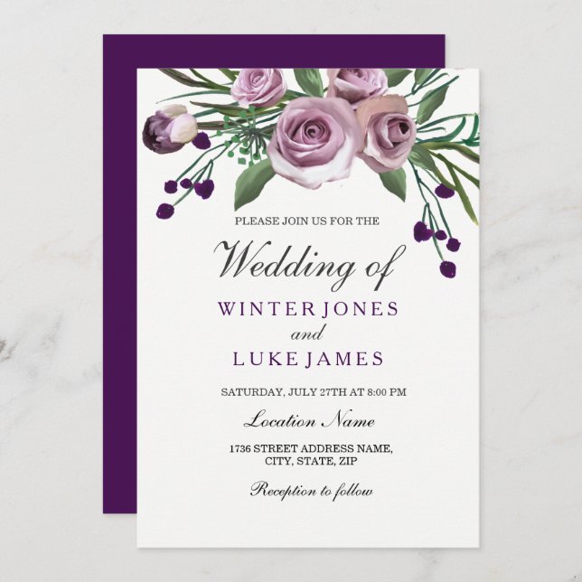 Elegant Purple Rose Floral Wedding Invite (Front/Back)