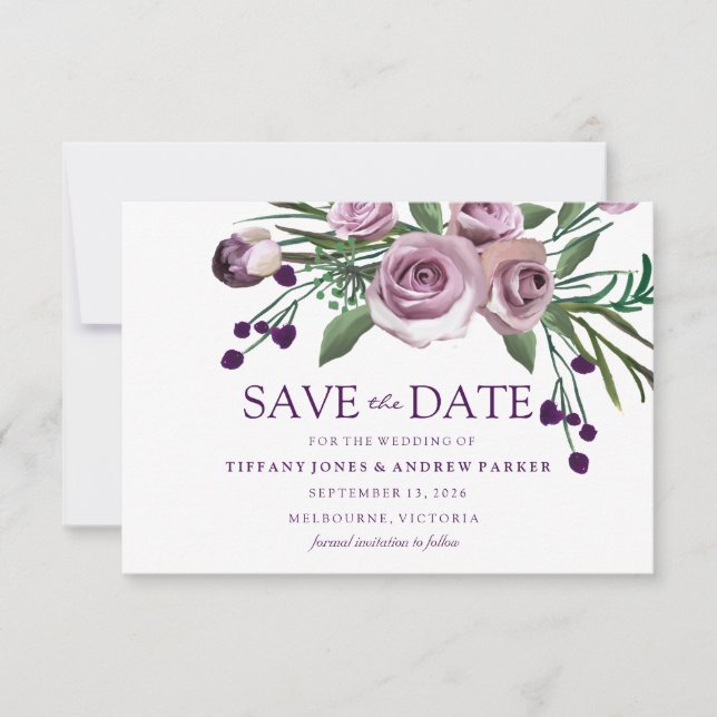 Elegant Purple Rose Floral Wedding Save The Date (Front)