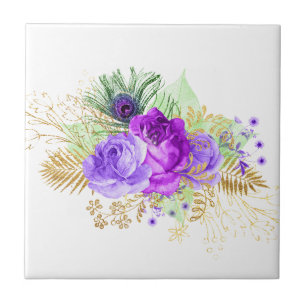 Elegant Purple Rose Flower Gold Leaves Floral Ceramic Tile