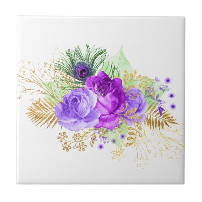 Elegant Purple Rose Flower Gold Leaves Floral Ceramic Tile (Front)