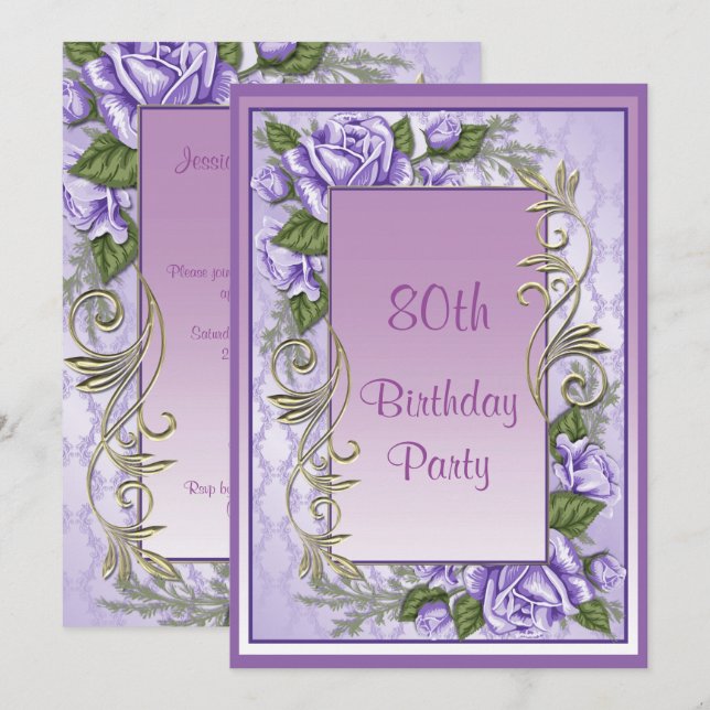 Elegant Purple Rose Framed 80th Birthday Invitation (Front/Back)