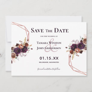 Elegant Purple Rose Gold Floral Geometric Wedding Save The Date