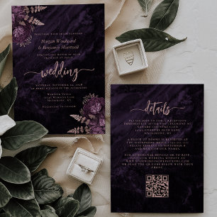 Elegant Purple Rose Gold Floral QR Code Wedding Invitation