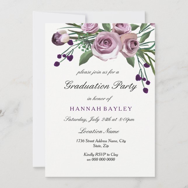 Elegant Purple Rose Graduation Party Invitation (Front)