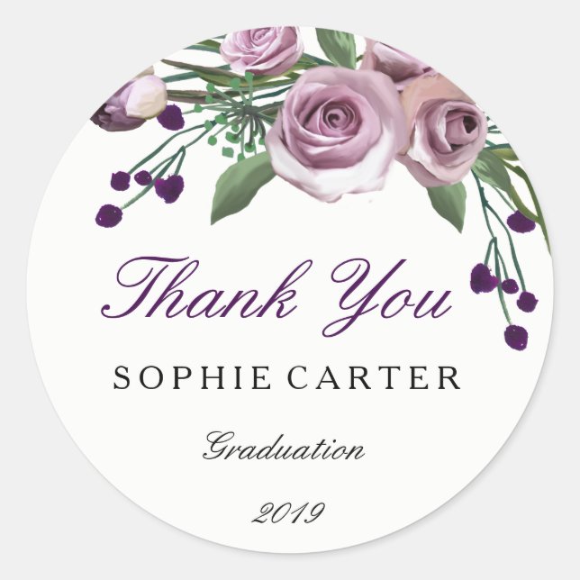 Elegant Purple Rose Graduation Thank you Sticker (Front)