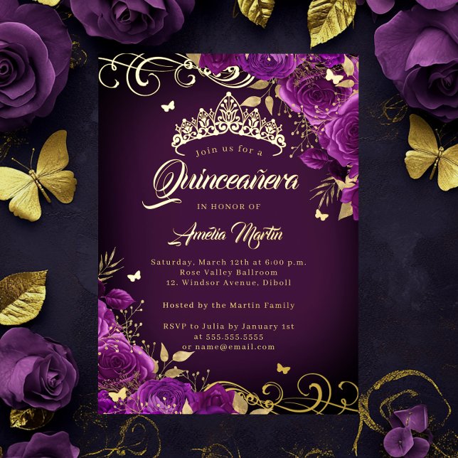 Elegant Purple Rose Swirl Gold Quinceanera   (Creator Uploaded)