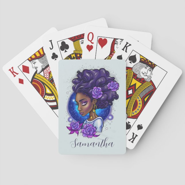 Elegant Purple Roses Afro Woman Playing Cards (Back)