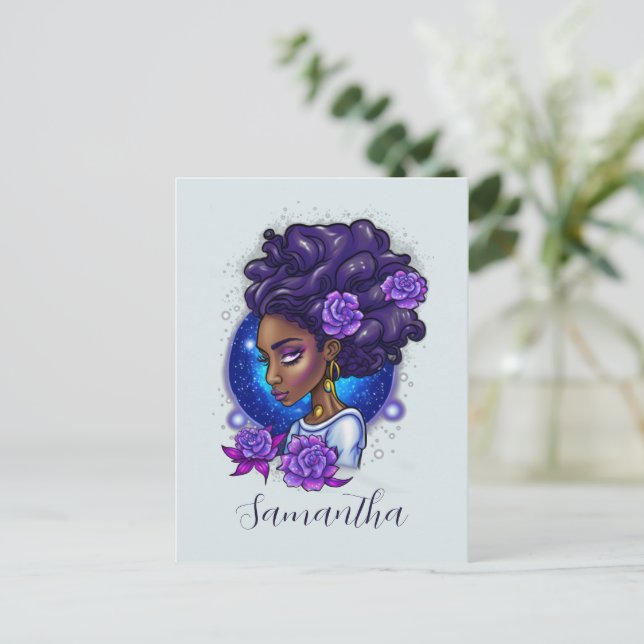 Elegant Purple Roses Afro Woman Postcard (Standing Front)
