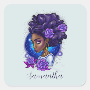 Elegant Purple Roses Afro Woman Square Sticker