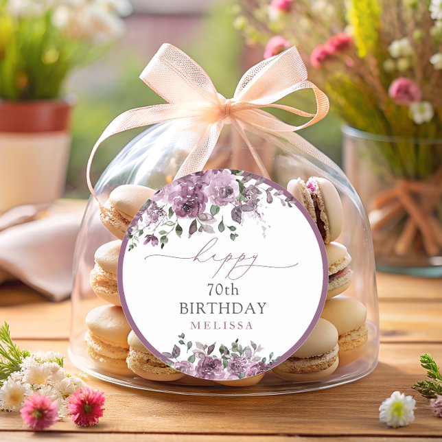 Elegant Purple Roses Any Age Birthday Party  Classic Round Sticker (Creator Uploaded)