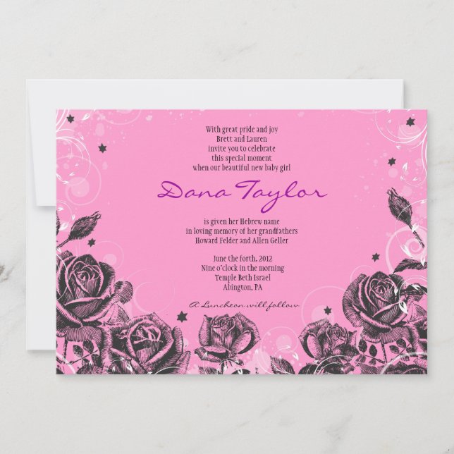 Elegant Purple Roses Baby Naming Invitation Hebrew (Front)
