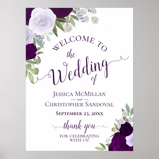 Elegant Purple Roses Boho Chic Wedding Welcome Poster (Front)