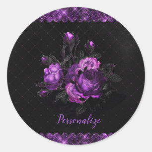 Elegant Purple Roses & Border on Black Personalise Classic Round Sticker