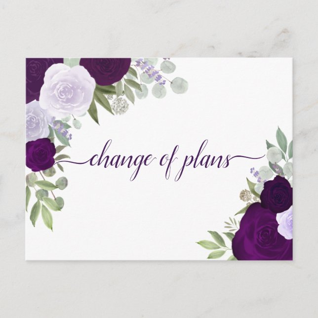 Elegant Purple Roses Change of Wedding Plans Announcement Postcard (Front)