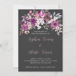 Elegant Purple Roses Floral Shadow Grey Wedding Invitation