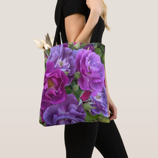 Elegant Purple Roses Floral Tote Bag (Close Up)