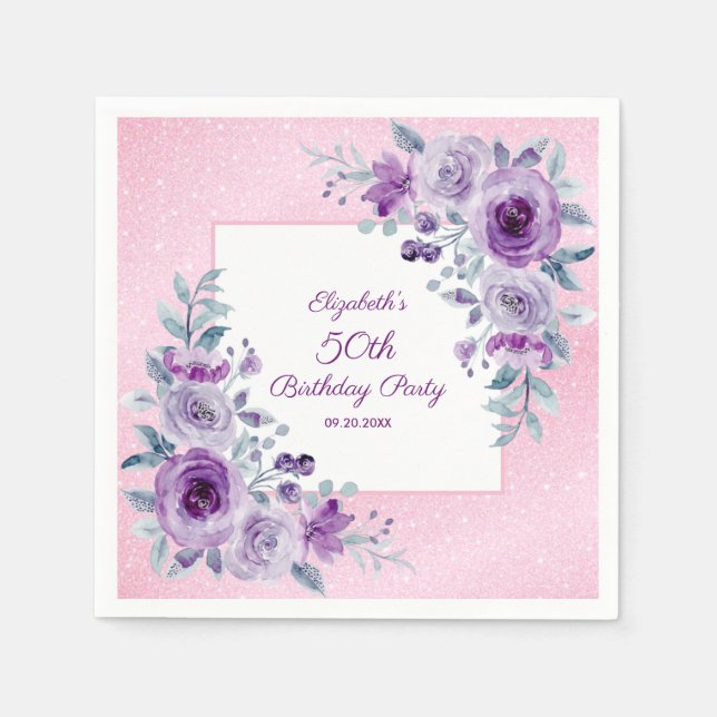 Elegant Purple Roses Glitter Pink Floral Birthday  Napkin (Front)