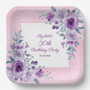Elegant Purple Roses Glitter Pink Floral Birthday  Paper Plate