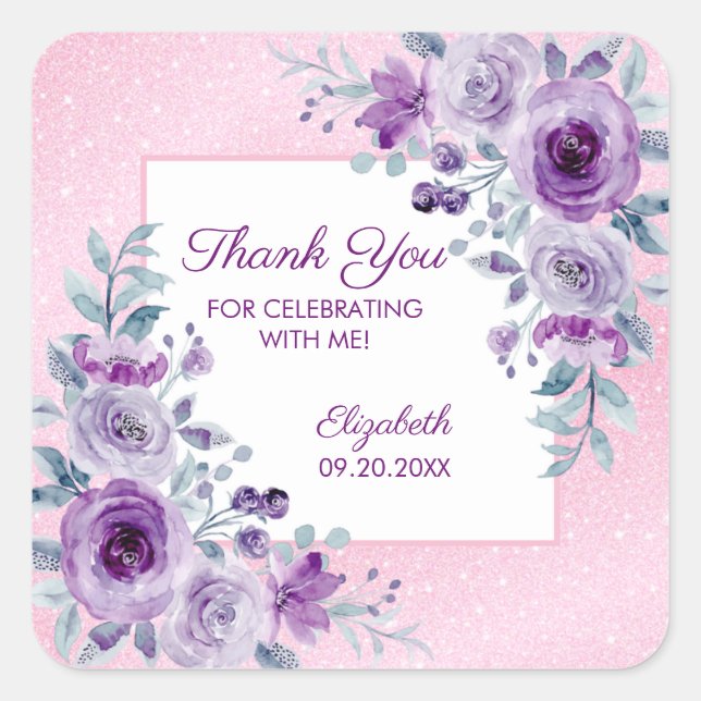 Elegant Purple Roses Glitter Pink Floral Birthday Square Sticker (Front)