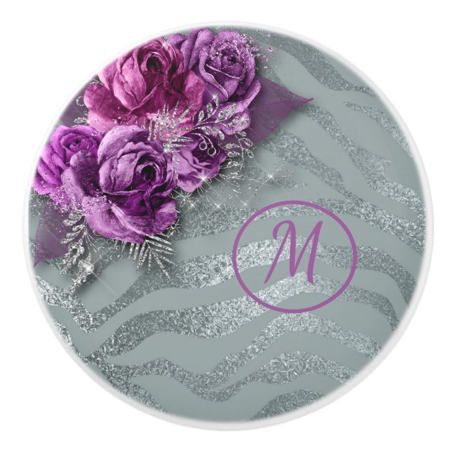 Elegant Purple Roses on Silver Background Monogram Ceramic Knob (Front)