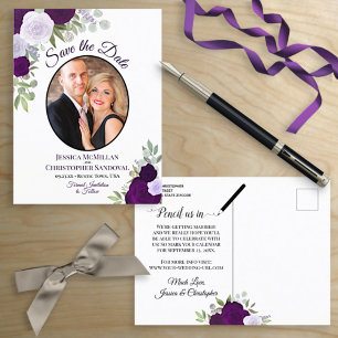 Elegant Purple Roses & Photo Wedding Save the Date Announcement Postcard
