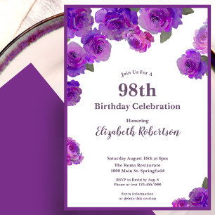 Elegant Purple Roses Women's Custom 98th Birthday  Invitation