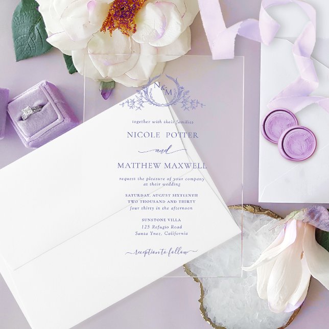 Elegant Purple Royal Crown Wreath Monogram Acrylic Invitations (Creator Uploaded)