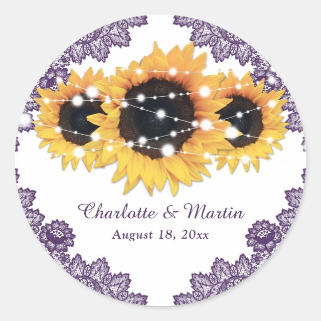 Elegant Purple Rustic Chic Sunflower Wedding Classic Round Sticker (Front)
