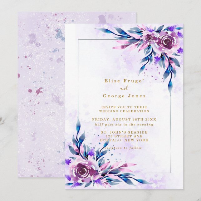 Elegant Purple Rustic Peony Gold Geometric Wedding Invitation (Front/Back)